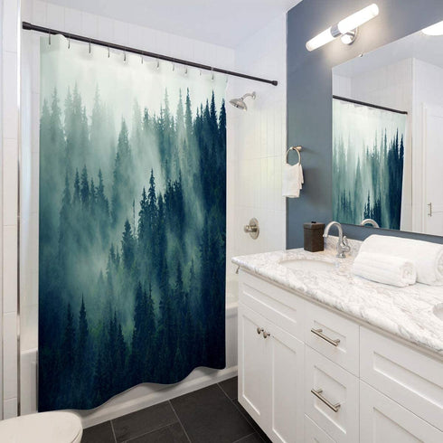 LIGHTINHOME Misty Forest Shower Curtain 60Wx72H Inch Nature Pine Trees Scenic Foggy Mountain Cool Woodsy Landscape Woodland Men Fabric Waterproof Bathroom Home Decor 12 Plastic Hooks