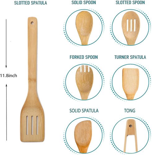 Wooden Spoons for Cooking Organic Bamboo Kitchen Utensils Set 8 Pcs Housewarming Gift New Apartment Essentials Slotted Serving Spoons Spatula Tong Tools for Nonstick Cookware with Holder