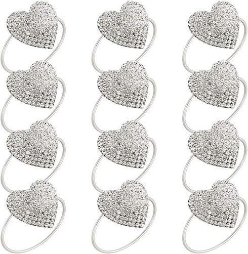 mw Decor: Napkin Rings Set of 12 for Dinner Party - Weddings - Holidays - Christmas - Silver Sparkle with a Clear Rhinestone Decoration (Silver Heart)