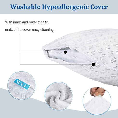 WAJ Shredded Memory Foam Pillow Queen Size Bed Cooling Pillows for Sleeping with Washable Bamboo Cover, Adjustable Gel Infused Foam Fill for Side Back and Stomach Sleepers
