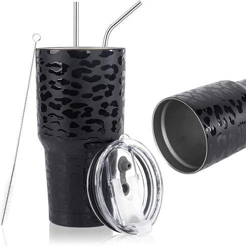 30oz Tumbler Stainless Steel Insulated Travel Mug with Straw Lid Cleaning Brush (Black Leopard)