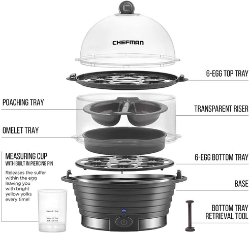 Chefman Electric Egg Cooker Boiler, Rapid Egg-Maker & Poacher, Food & Vegetable Steamer, Quickly Makes 12 Eggs, Hard or Soft Boiled, Poaching and Omelet Trays Included, Ready Signal, BPA-Free, Grey
