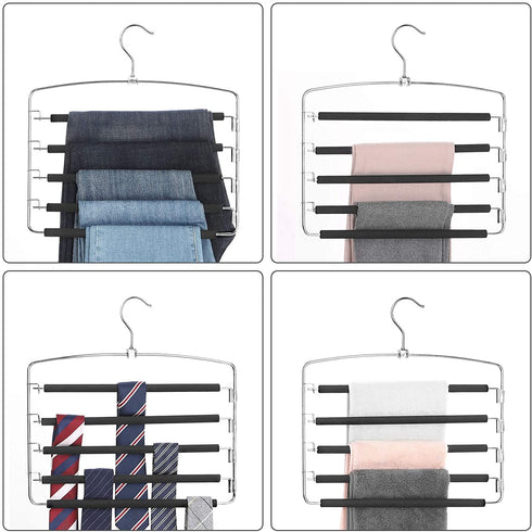 SONGMICS Pants Hangers Space Saving, 5 Layer Pants Hangers, Set of 2 Multiple Pant Hanger, Pants Organizer Hanger, Swing Arm Pants Hangers with Non-Slip Padding, Silver and Black UCRI041B02