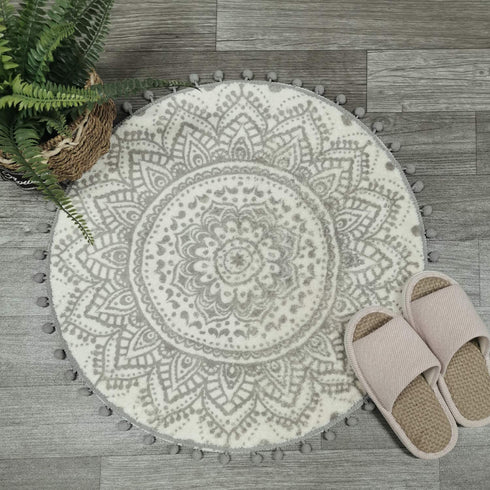 Uphome Small Round Rug 2™ Boho Beige and Grey Bathroom Rug with Pom Poms Fringe Washable Mandala Circle Shower Mat Soft Non-Slip Cute Circular Throw Rug for Sink Powder Room Kids Room Nursery