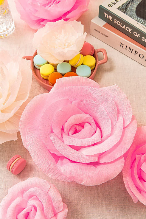 Large Paper Flower Decorations for Wall - White Pink Paper Flowers Wall Decor - Crepe Paper Flowers for Wedding Backdrop,Nursery Wall Decor, Birthday Party Backdrop Decor,Pink White Flowers Set/6