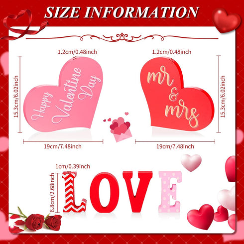 Valentine's Day Wooden Table Sign Decoration 3 Pieces Heart Wooden Signs Love Letter Home Decor Rustic Romantic Mr and Mrs Sign for Valentine's Day Wedding Table Party Home
