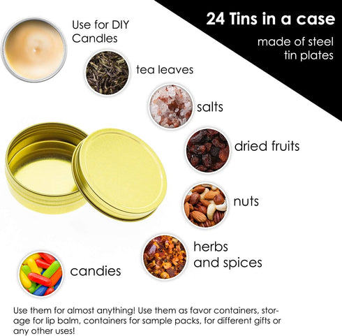Mimi Pack 24 Pack Tins 1 oz Shallow Round Tins with Solid Screw Lids Empty Tin Containers Cosmetics Tins Party Favors Tins and Food Storage Containers (Gold)