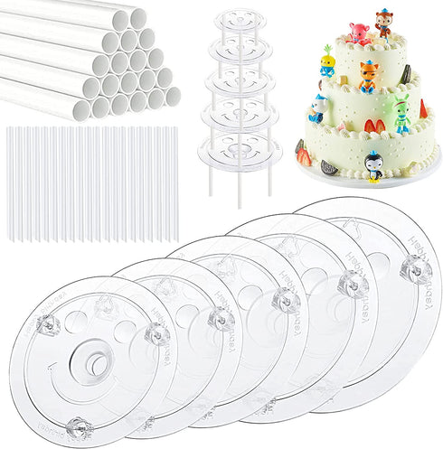 Aufind 45 PCS Plastic Cake Dowel Rods Set, 20 White Plastic Cake Sticks Support Rods with 5 Cake Separator Plates for 4, 6, 8, 10,12 Inch Cakes and 20 Clear Cake Stacking Dowels for Tiered Cakes