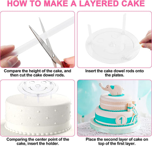 Aufind 45 PCS Plastic Cake Dowel Rods Set, 20 White Plastic Cake Sticks Support Rods with 5 Cake Separator Plates for 4, 6, 8, 10,12 Inch Cakes and 20 Clear Cake Stacking Dowels for Tiered Cakes