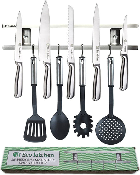 Magnetic Knife Holder for Wall - Metal Knife Magnetic Strip 12 Inch - Stainless Steel Knife Magnet Bar Rack With Hooks - Kitchen Utensil Holder and Knife Storage Holder