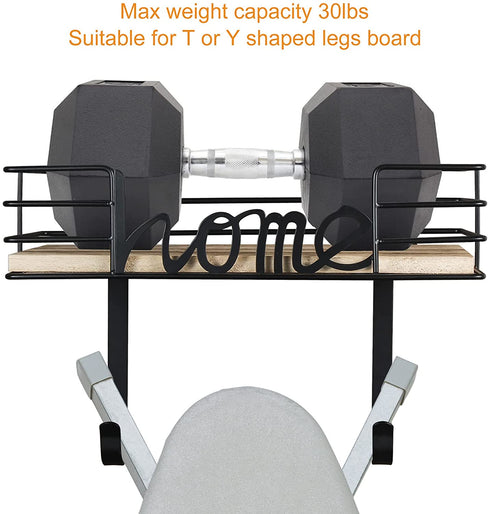 TJ.MOREE Ironing Board Hanger Wall Mount - Laundry Room Iron and Ironing Board Holder with Large Storage Wooden Base Basket and Removable Hooks (Black)