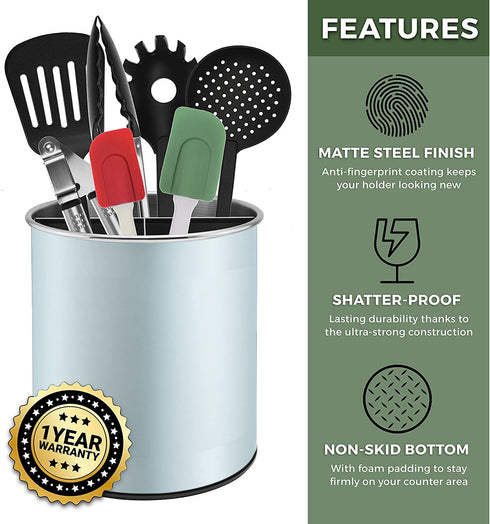 Bartnelli Extra Large Stainless Steel Kitchen Utensil Holder - 360° Rotating Utensil Caddy - Weighted Base for Stability - Utensil Countertop Organizer Crock With Removable Divider for Easy Cleaning (Blue Velvet)