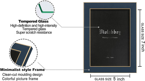Violabbey 5x7 Picture Frames Navy Blue Set of 2, Modern Style 5 by 7 Photo Frame, High Definition Tempered Real Glass, Wall or Tabletop Display