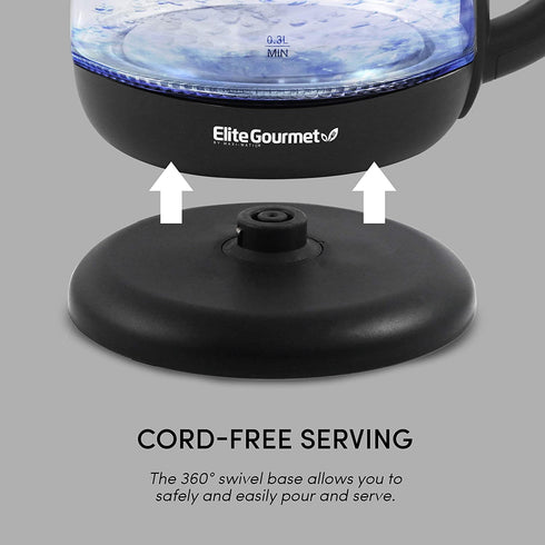 Elite Gourmet EKT1001B Electric BPA-Free Glass Kettle, Cordless 360° Base, Stylish Blue LED Interior, Handy Auto Shut-Off Function Quickly Boil Water for Tea & More, 1L, Graphite Black
