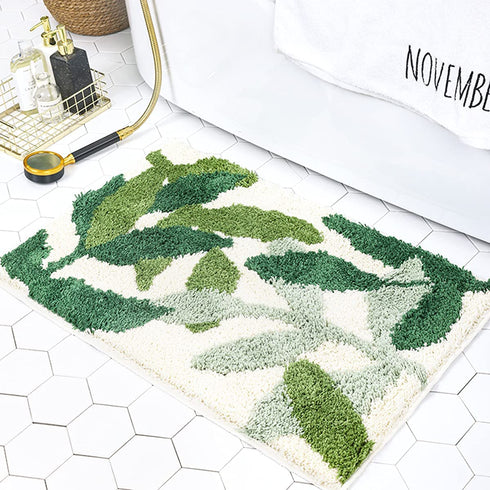 ZebraSmile Leaves Microfiber Strong Water Absorption Green Bath Rug Tower with Non Slip Back Inside Entryway Door Mat for Bathroom Floor Indoor Doormat 17.5 X 25.5IN