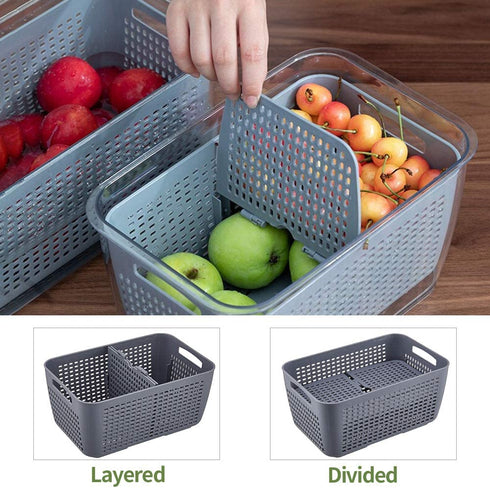 Fresh Produce Saver Container Mesh Sieve Storage Organizer Filter Basket Fresh Vegetable Fruit Draining Crisp Keep Vegetables Fresh Easy to Clean (Grey-1.7 L)