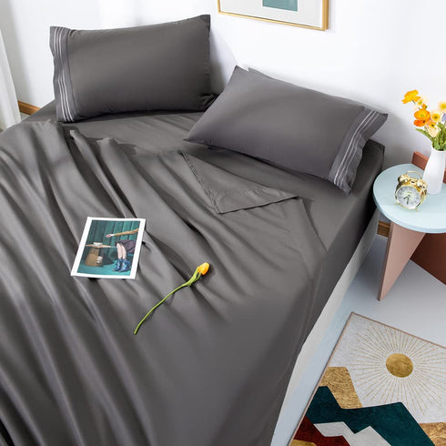 LBRO2M Bed Sheet Set Queen Size 16 Inches Deep Pocket 1800 Thread Count 100% Microfiber Sheet,Bedding Super Soft Comfortable, Cool Warm,4 Piece?Dark Grey?