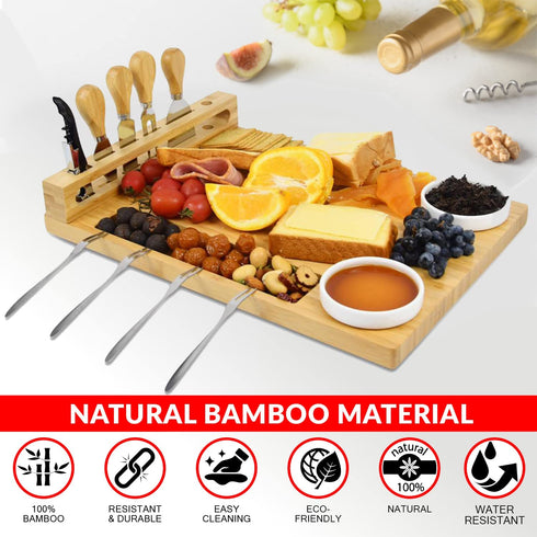 Cheese board Cutlery Knife Set bamboo Charcuterie Platter Serving Tray, with ceramic bowls Server Forks, Wine Opener, Cheese Plate Set Gift for Birthdays, Christmas Anniversary Wedding Registry,