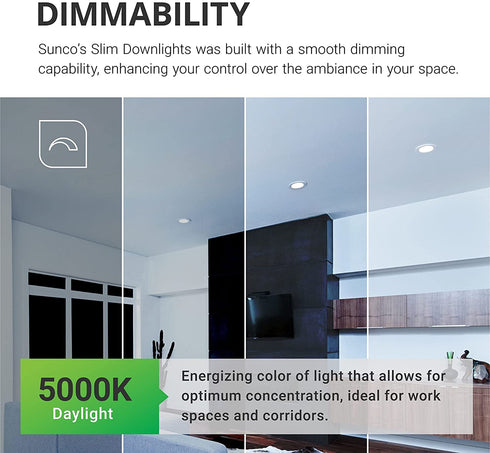Sunco Lighting 4 Inch Ultra Thin LED Recessed Ceiling Lights Slim, 5000K Daylight, Dimmable 10W=60W, 650 LM, Smooth Trim Damp Rated, Canless Wafer Thin with Junction Box - ETL & Energy Star 2 Pack