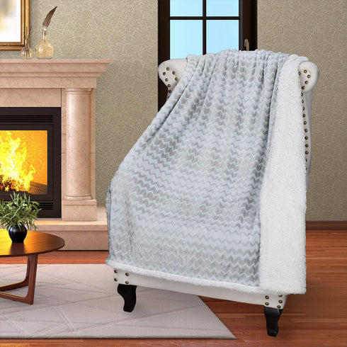 Silky Soft Grey Sherpa Throw Blanket, Flannel Chevron Micro Plush Fleece Throws for Couch Sofa TV Bed, Reversible, Comfy, Fuzzy, 50"x60"