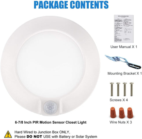 Closet Lights Motion Sensored Indoor Ceiling Mount LED- 10W 5000K Closet Stair Porch Ceiling Pantry Motion Activated Light, 6-7/8 Inch 90CRI 600lm Hardwire to Junction Box, No Battery, Damp Rated ETL