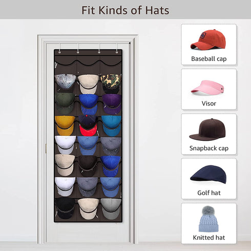 IREENUO Hat Rack for Baseball Caps, Cap Organizer for Door and Wall with 24 Clear Deep Pockets, Hat Holder for Storage and Display Baseball Caps, 4 Door & Wall Hooks Included, Dark Gray