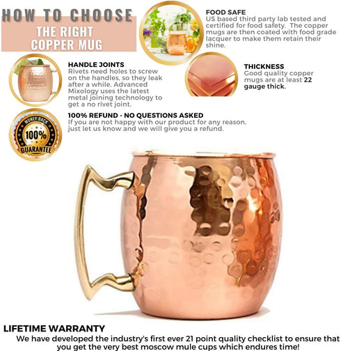 Kitchen Science Moscow Mule Copper Mugs Set of 4 (16oz) w/ 4 Straws & 1 Jigger | 100% Pure Copper Cups, Tarnish-Resistant Food Grade Lacquered Finish, Ergonomic Handle (No Rivet) w/ Solid Grip