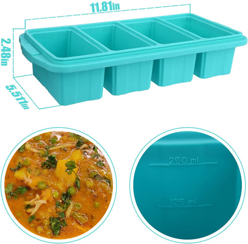 Large Ice Cube Freezing Tray Non-stick Soup, Silicone Freezing Tray with Lid, Multifunction Freezer Container with 4 Compartments for Storing and Freezing Soups, Broths, Sauces and Liquid Diets Wait