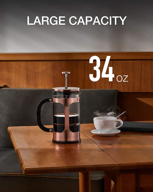 BAYKA French Press Coffee Maker, Glass Classic Copper 304 Stainless Steel Coffee Press, Cold Brew Heat Resistant Thickened Borosilicate Coffee Pot for Camping Travel Gifts, 34 Ounce