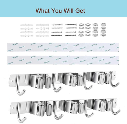 Nlmyt 2Pcs Broom Holder Wall Mount, Broom Organizer Wall Mount, Stainless Steel Mop Holder, Broom Hanger, Heavy Duty Broom Rack for Home, Garage, Garden, Laundry Room (3 Racks 4 Hooks)