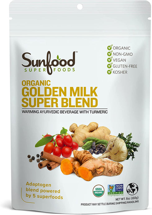 Sunfood Golden Milk Super Blend – Organic Turmeric Latte + Superfoods: Ginger, Maca, Goji, & More | All- Natural, Healthy & Clean Coffee Alternative | Non-GMO, Gluten-Free, Vegan | 6 oz / 56 Servings