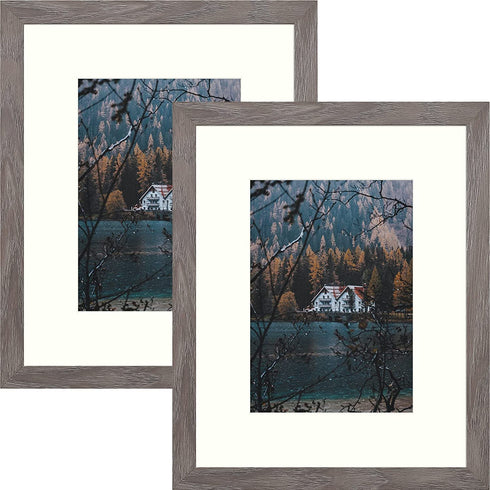 Frametory, Frame with Ivory Mat for Photo, Smooth Wood Grain Finish Easel Stand, Sawtooth Hangers, Real Glass Landscape/Portrait, Wall/Table Display (Rustic Grey, 8x10 Frame for 5x7 Photo, 2-Pack)