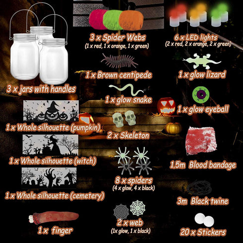 3 pcs Halloween DIY Lantern Jar Craft Kit Decor Supplies Gift, Flickering Flameless Candles(Red, Orange, Green) and Accessories(Eyeball, Spider, Finger), Indoor Outdoor Garden DIY Deco Art Project