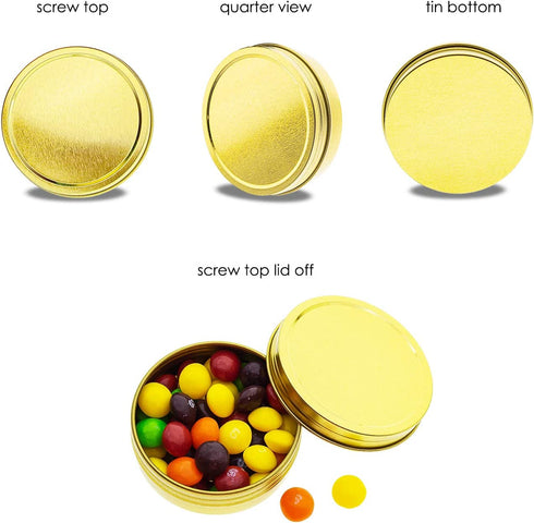 Mimi Pack 24 Pack Tins 1 oz Shallow Round Tins with Solid Screw Lids Empty Tin Containers Cosmetics Tins Party Favors Tins and Food Storage Containers (Gold)