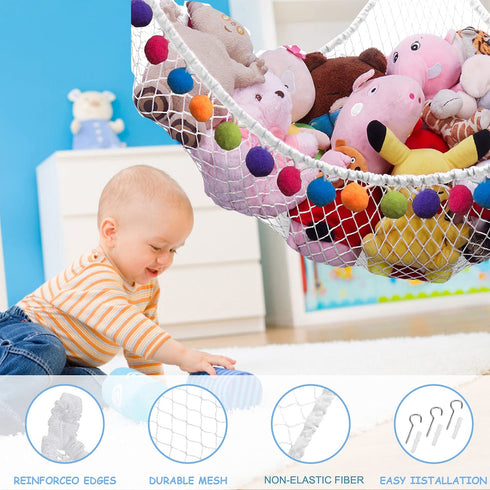 CanJoo Stuffed Animal Net, Stuffed Animal Hammock Wall Hanging Mesh Toy Hammock for Stuffed Animals Jumbo Stuff Animal Toy Organizer Storage Net Plush Toy Corner Net Holder for Kids' Play Room Bedroom White