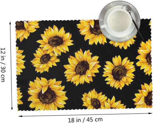 Gocerktr Black Sunflower Placemats for Dining Table Set of 4 Washable Fabric, Heat Resistant Wipeable Home Table Mats Wrinkle Resistant, Standard Size(12 X 18 Inch)