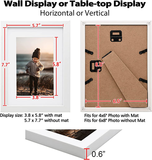 KINLINK 6x8 Picture Frames White, Photo Frames with Real Glass for Picture 4x6 with Mat or 6x8 without Mat, Composite Wood Picture Frames for Table Top and Wall Mounting, Set of 4