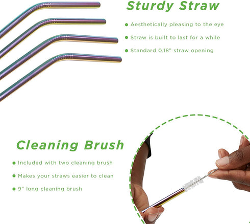 Mind Reader Stainless Steel Set, Reusable, Straight & Curved Metal Durable Drinking Straws with Cleaning Brushes-8 PK, One Size, Rainbow 8 Pack