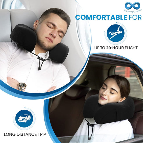 Everlasting Comfort Memory Foam Travel Pillow - Airplane Neck Rest & Plane Accessories (Black)