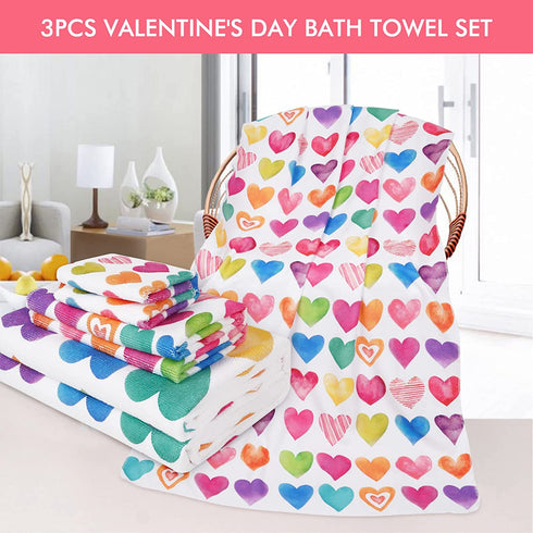 3Pcs Valentine's Day Beach Towel Set Include Beach Towel, Hand Towel and Wash Towel, Romantic Love Heart Bath Towel Set for Couples, Women, Men, Soft Towel Set for Valentine's Day Bathroom Home Decor