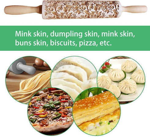 Uspacific Embossing Rolling Pin, Flower Pattern Wooden Laser Engraved Embossed Printing Rolling Pin DIY Tool for Homemade or Christmas Cookies