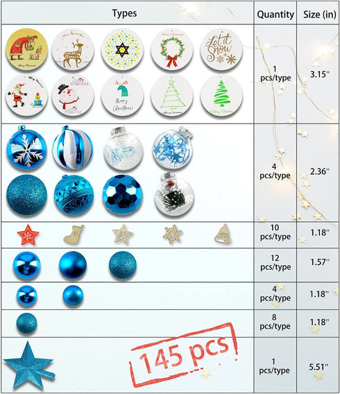 Poshlr Christmas Ball Decorations Set of 145 Pcs, with Round Ornaments, Tree Topper, Clear Balls and More, Best Gifts Ideas for Family and Friends (Blue)