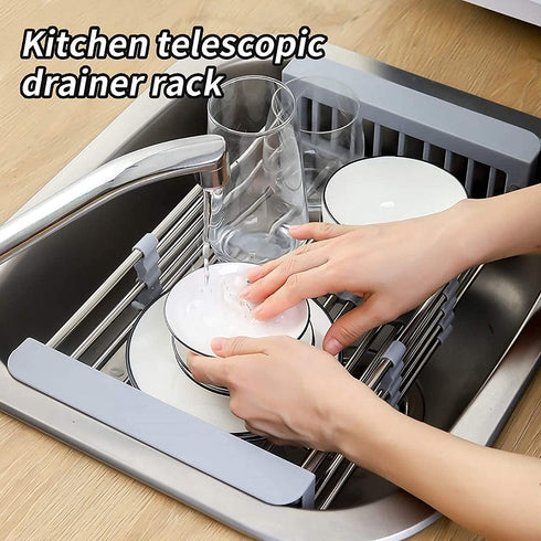Expandable Stainless Steel Dish Drying Rack, Telescopic Drain Basket Over Sink Organizer for Vegetable, Fruit and Tableware (Grey)