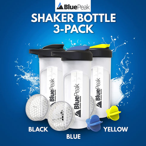 BluePeak Protein Shaker Bottle 28 oz with Dual Mixing Technology, Strong Loop Top, BPA Free, Shaker Balls & Mixing Grids Included - On-The-Go Large Protein Shakers (3 Pack - Yellow, Blue, Black)