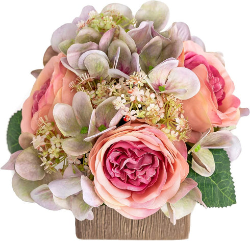 Queen BEE Artificial Silk Flowers in Vase. Fake Pink Roses 3 Heads and Hydrangeas with Ceramic Vase for Home, Wedding, Bathroom Decor. Nightstand Decoration. Home Accent, Small 7" (Pink Rose)