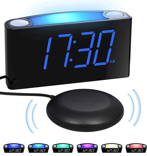 Extra Loud Vibrating Alarm Clock with Bed Shaker for Heavy Sleepers,Digital Bedroom Clock for Deaf Hearing Impaired Senior, 7 Night Light, Large LED Display,Dimmer, 2 USB Charger,12/24H,Battery Backup