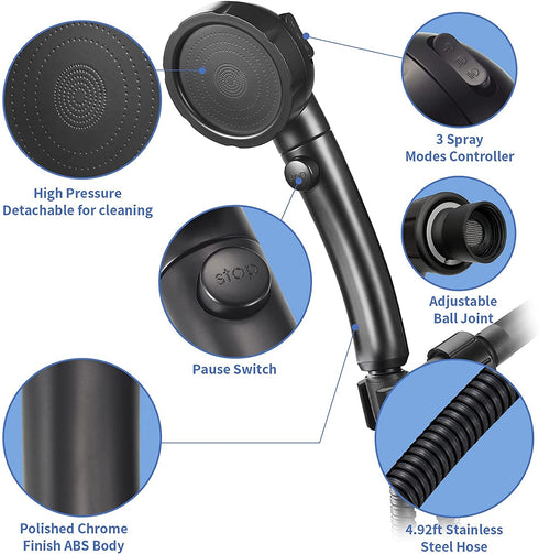 SINGSUO High Pressure Handheld Shower Head with On Off Switch, Detachable Shower Head, 3 Spray Modes Shower Massager Handheld with Hose and Adjustable Angle Bracket (Black)