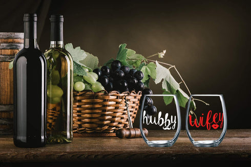 Hubby and Wifey Couples Sets - Funny 15oz Crystal Wine Glass - Stemless Wine Glasses - Perfect idea for Wedding and Anniversaries Gifts