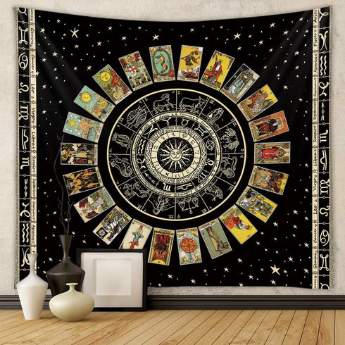 Sun Constellation and Star Tarot Card Tapestry - Bohemian Astrology Tapestries Zodiac Wall Hanging for Home Bedroom Aesthetic Wall Art Decor Black Tapestry