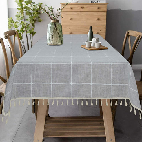 Cotton Linen Tablecloth, Lattice Embroidery Table Cloth, Farmhouse Checkered Fringed Tassel Tablecloths, Wrinkle Free Table Cover for Kitchen Dinning Picnic Party, Grey, Rectangle 54 x 120 inch